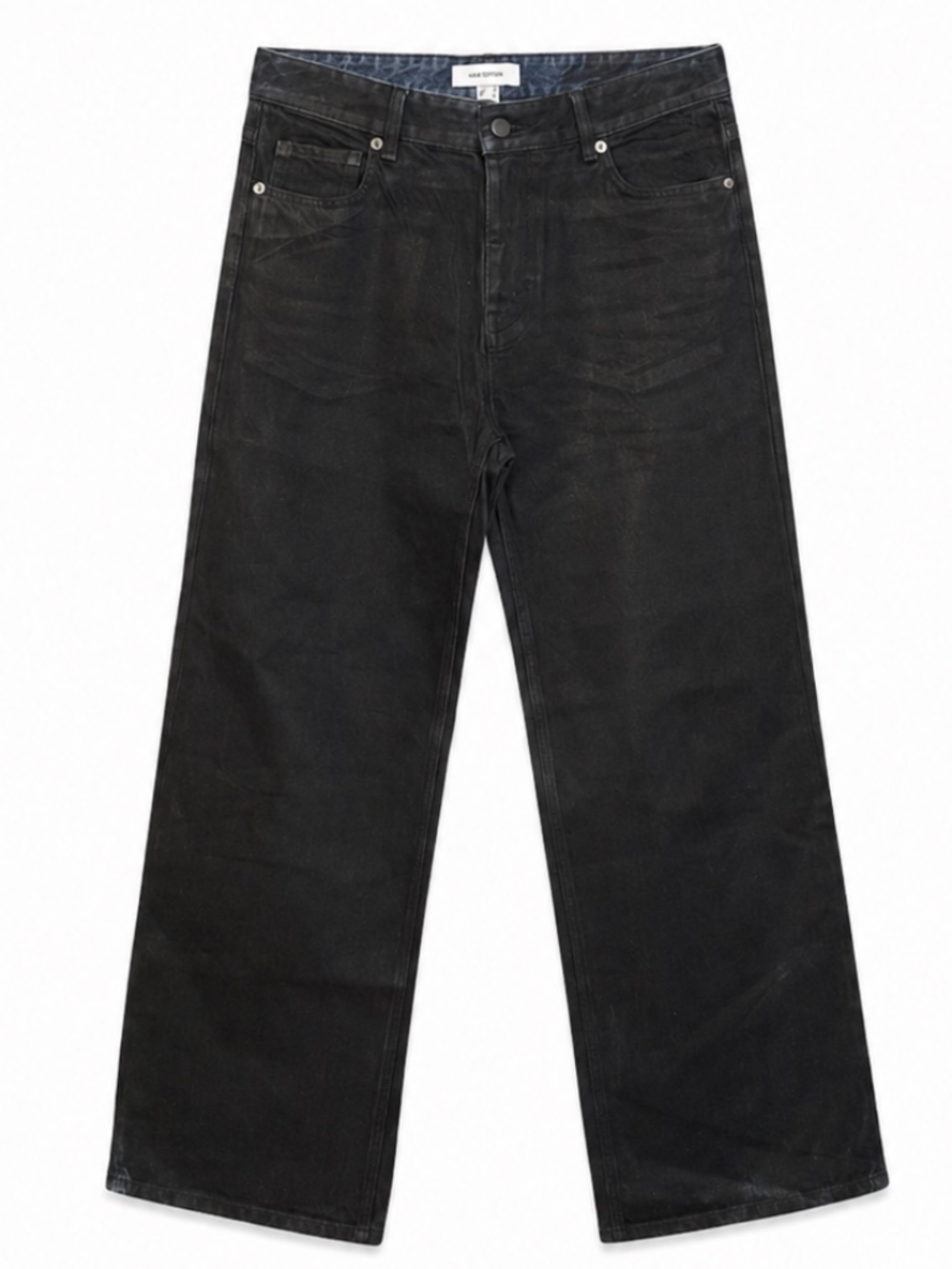 H&M Edition Blue Denim Wide Leg Jeans with Black Wax Coating – Size 4 Like New
